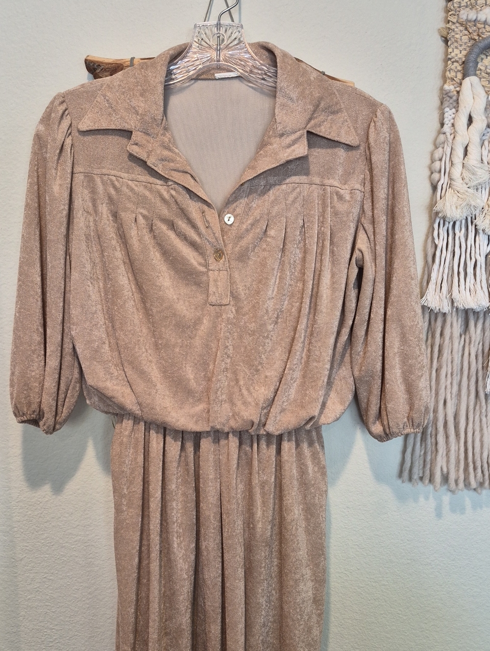 XS/S Vtg Champagne Tan 3/4 Sleeve Collared Elastic Waist Terry Cloth Midi Dress